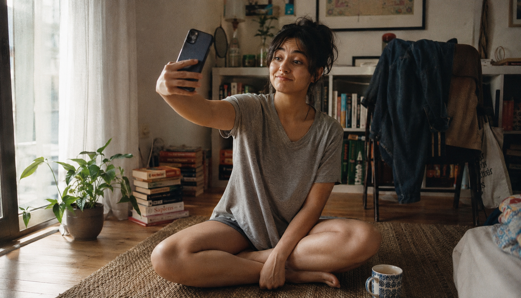 Woman on apartment floor trying to take a selfie with her phone