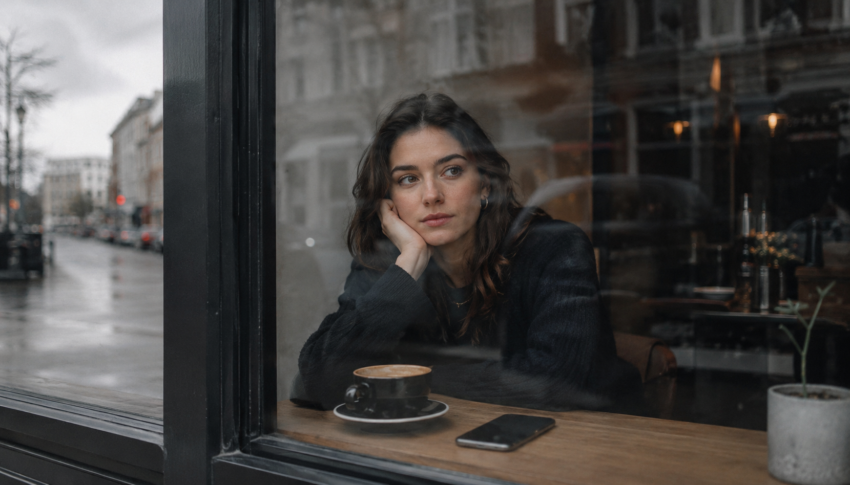Woman sitting alone at a café window on an overcast day